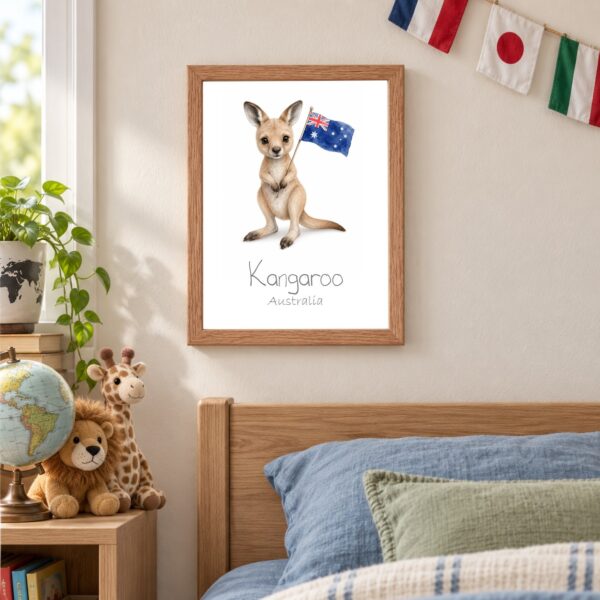 Australia national animal framed print in a kids bedroom, oak frame Australia national animal framed print in a kids bedroom, oak frame