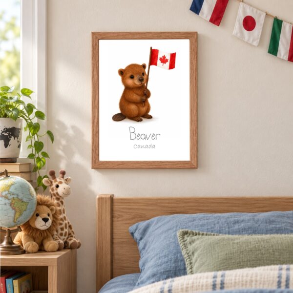 Canada national animal framed print in a kids bedroom, oak frame