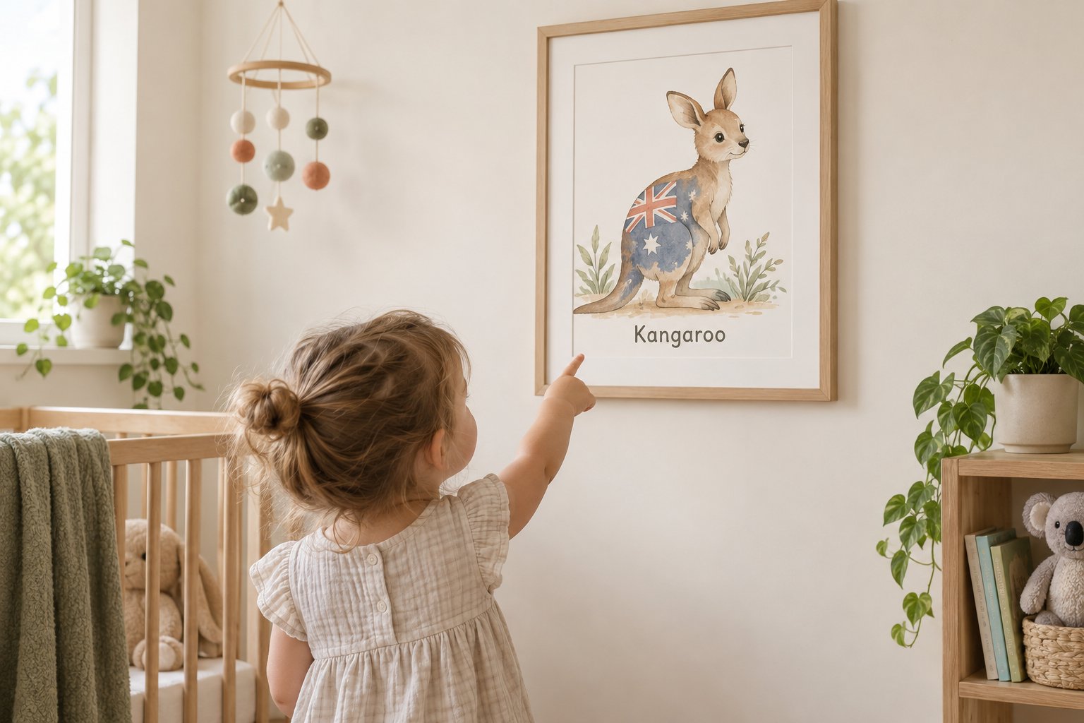 A child pointing at a framed kangaroo print