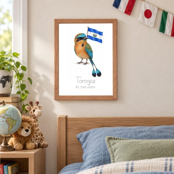 El Salvador national animal framed print in a kids bedroom, oak frame El Salvador national animal framed print in a kids bedroom, oak frame