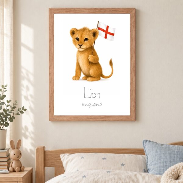 England national animal framed print in a kids bedroom, oak frame