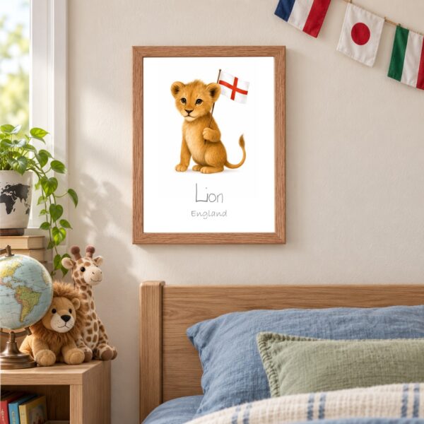England national animal framed print in a kids bedroom, oak frame