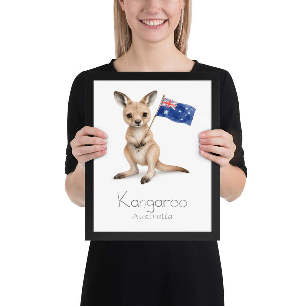 Kangaroo Australia national animal framed print, black frame 11×14