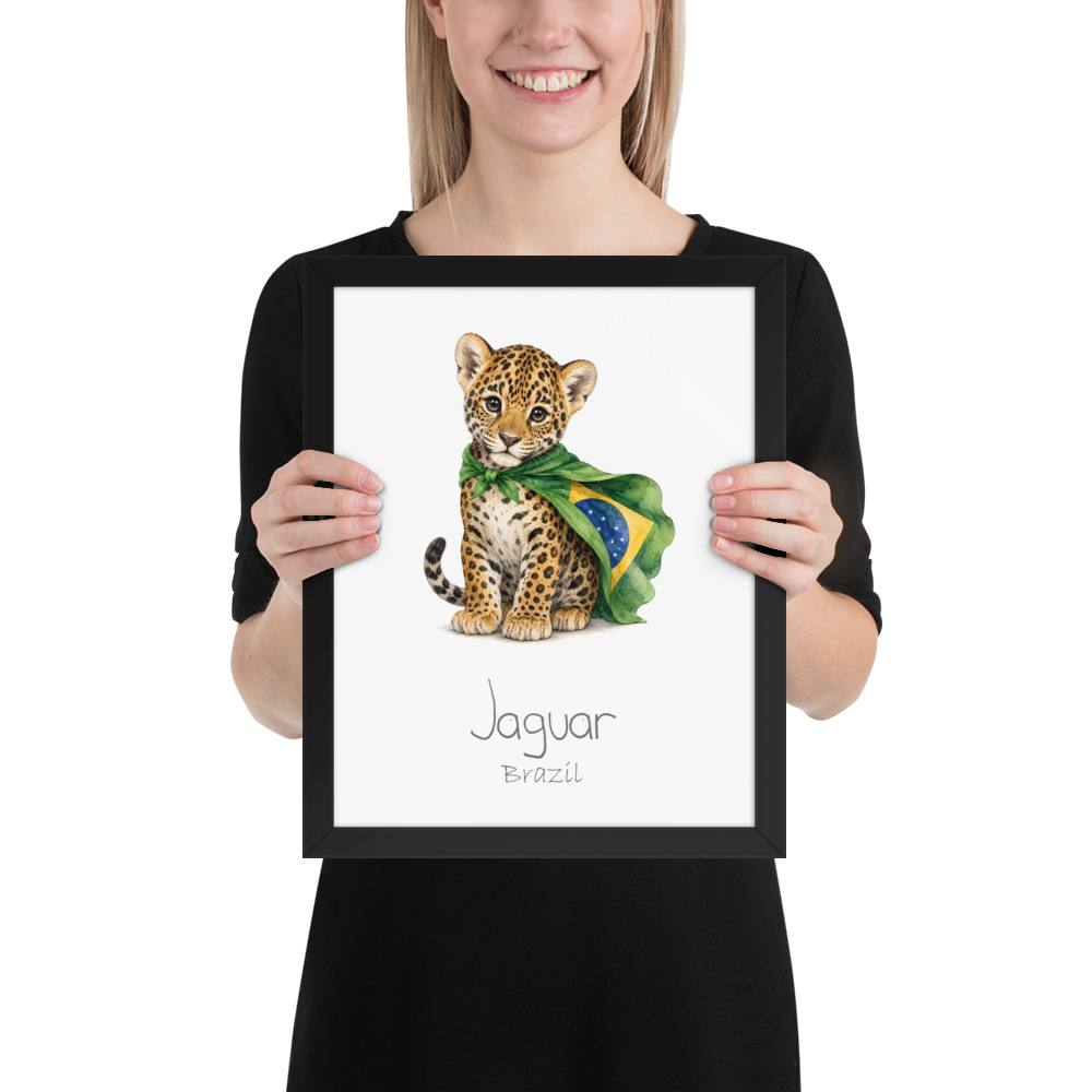 Jaguar Brazil national animal framed print, black frame 11×14