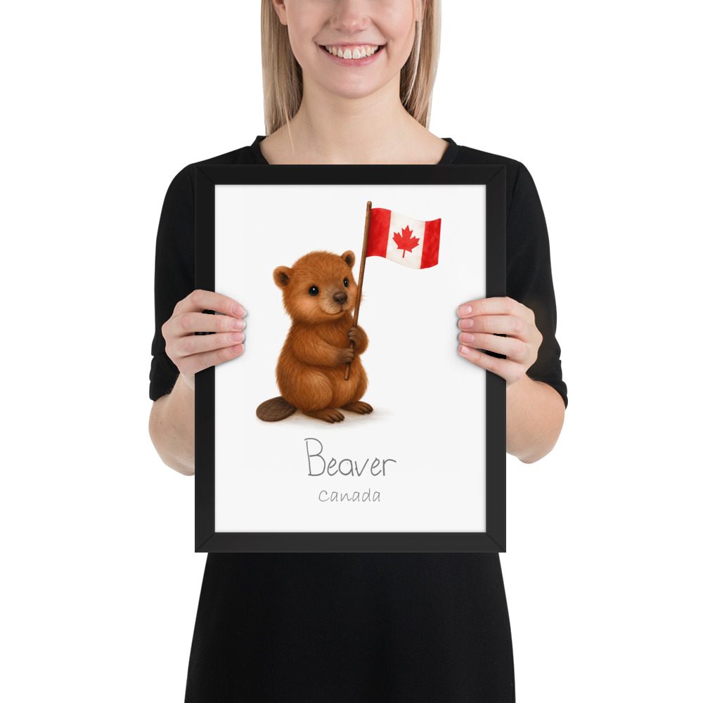 Beaver Canada national animal framed print, black frame 11×14