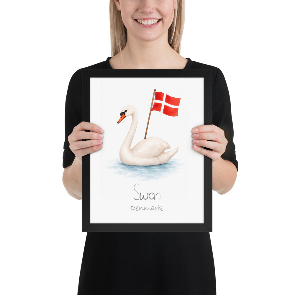 Swan Denmark national animal framed print, black frame 11×14