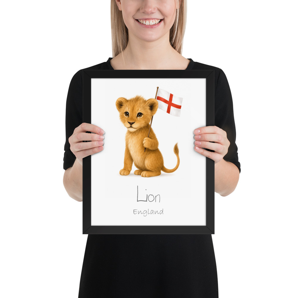 Lion England national animal framed print, black frame 11×14