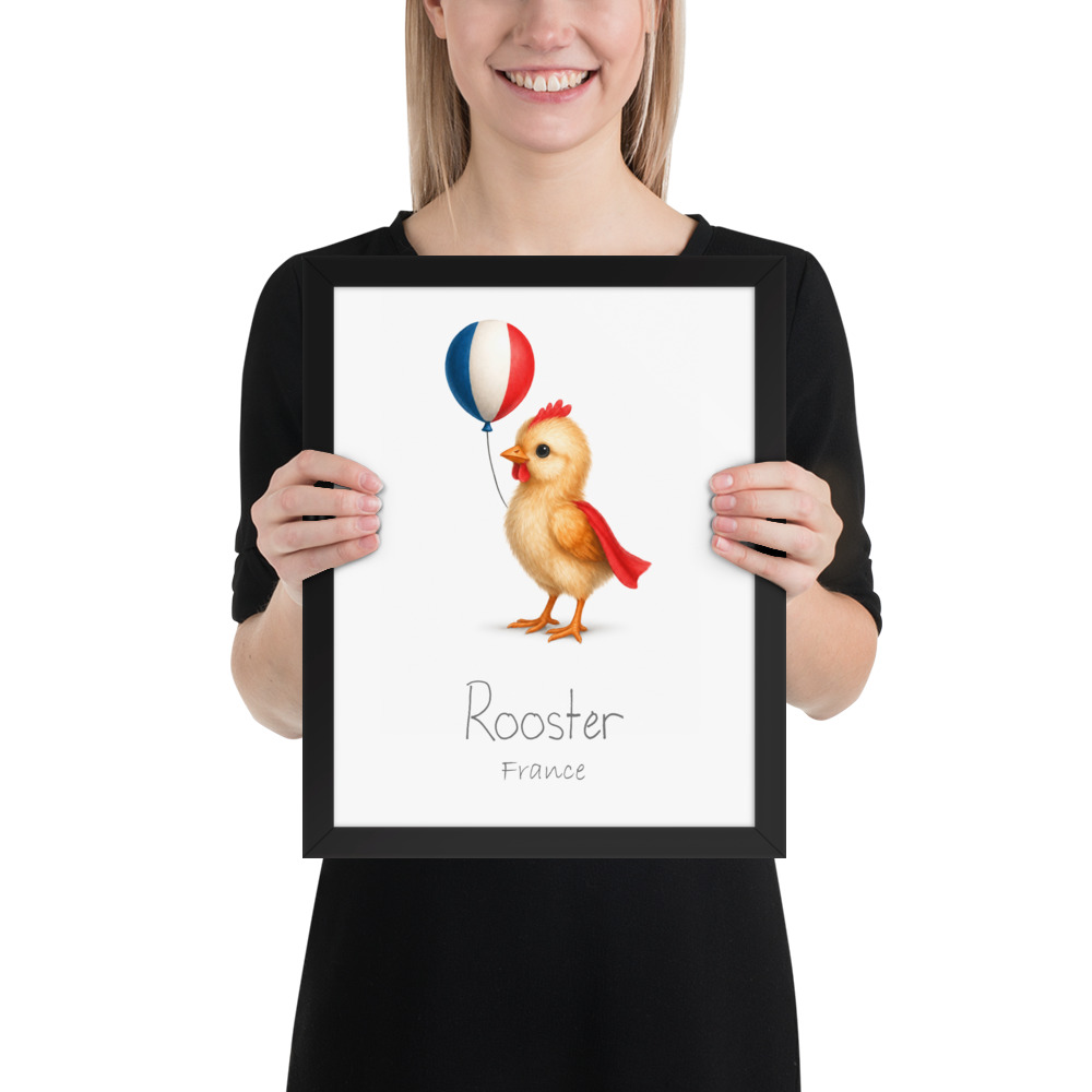 Rooster France national animal framed print, black frame 11×14