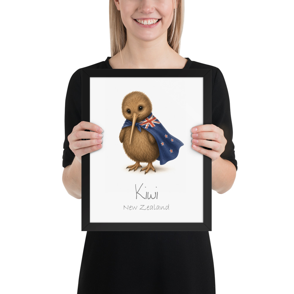 Kiwi New Zealand national animal framed print, black frame 11×14