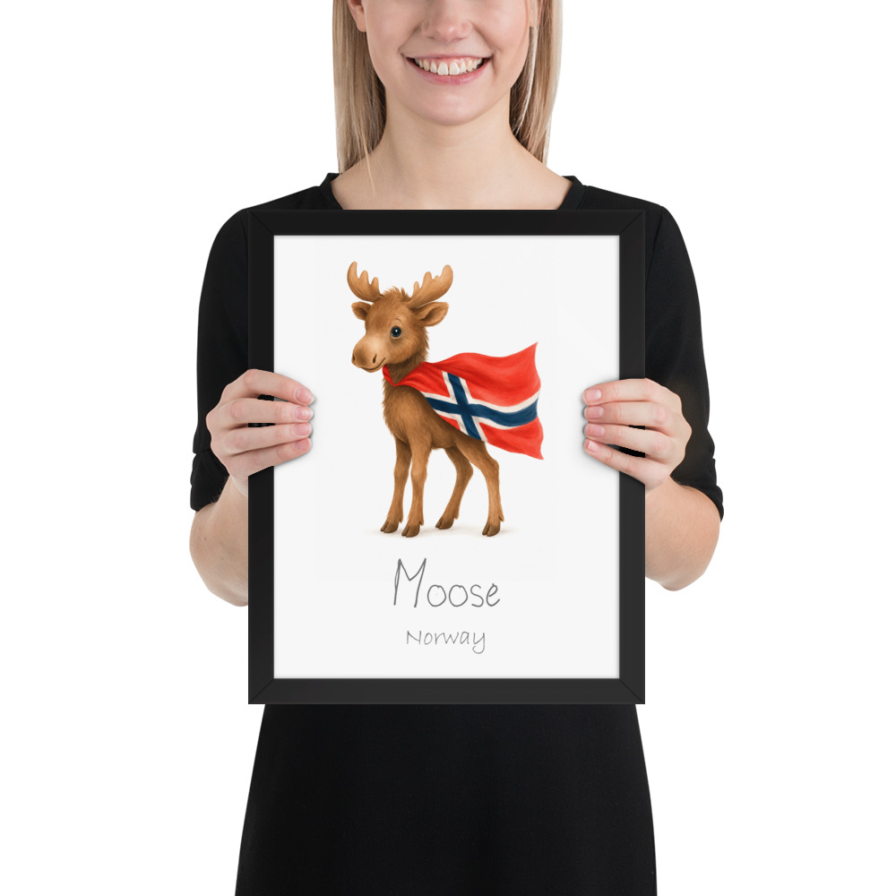 Moose Norway national animal framed print, black frame 11×14