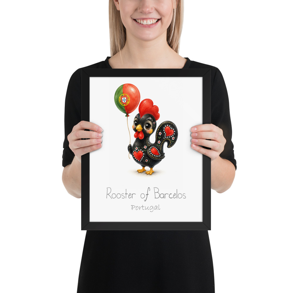 Rooster of Barcelos Portugal national animal framed print, black frame 11×14