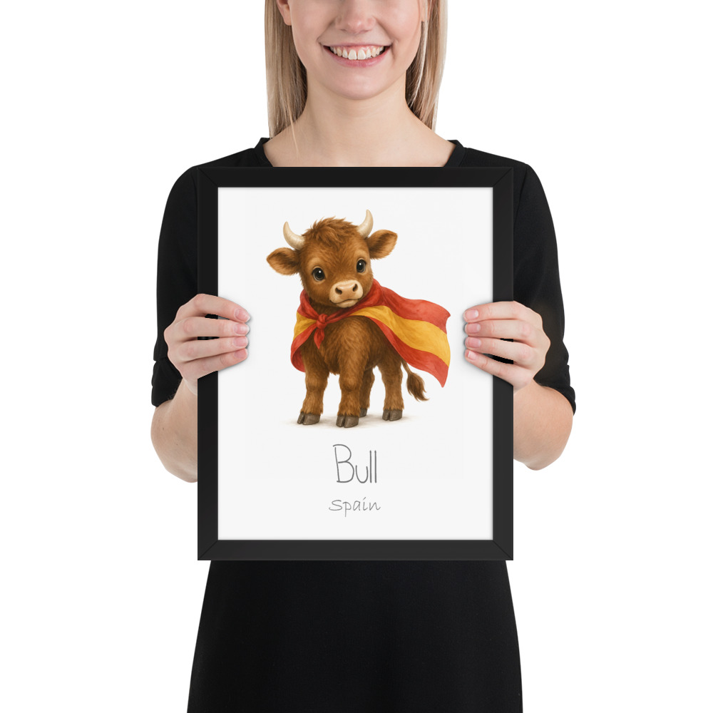 Bull Spain national animal framed print, black frame 11×14