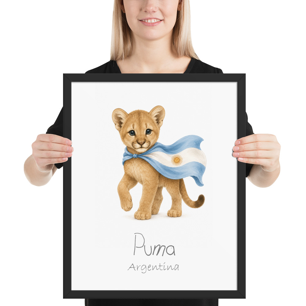 Puma Argentina national animal framed print, black frame 16×20
