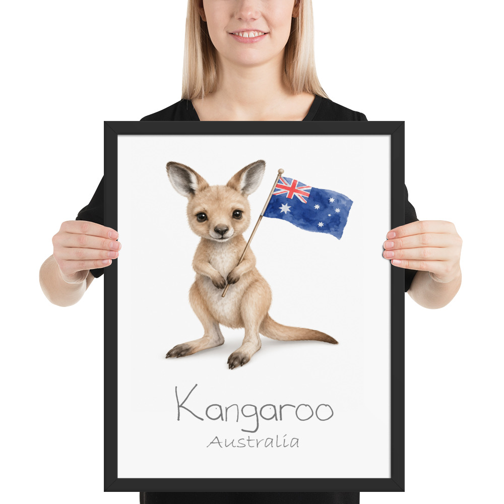 Kangaroo Australia national animal framed print, black frame 16×20