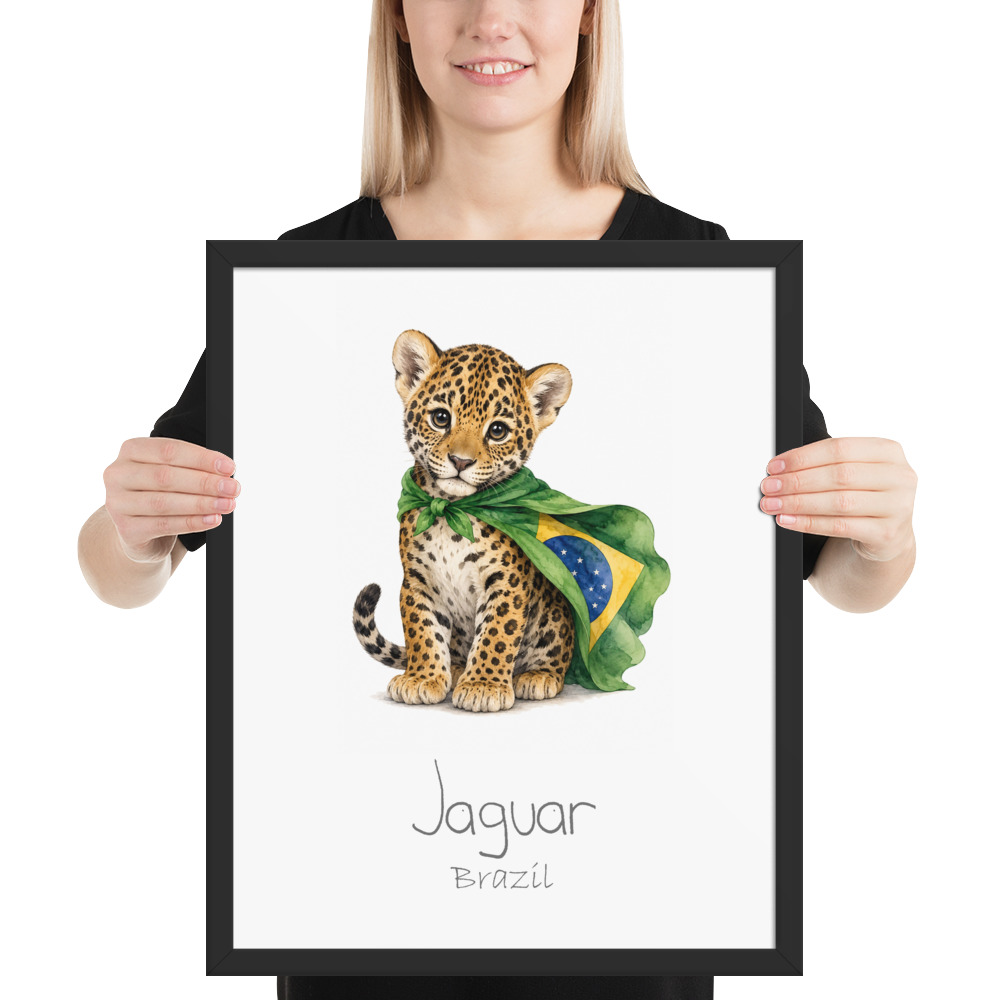 Jaguar Brazil national animal framed print, black frame 16×20