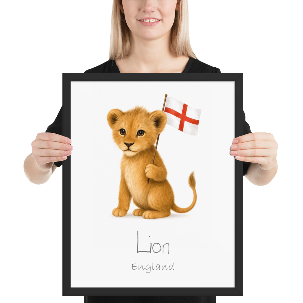 Lion England national animal framed print, black frame 16×20