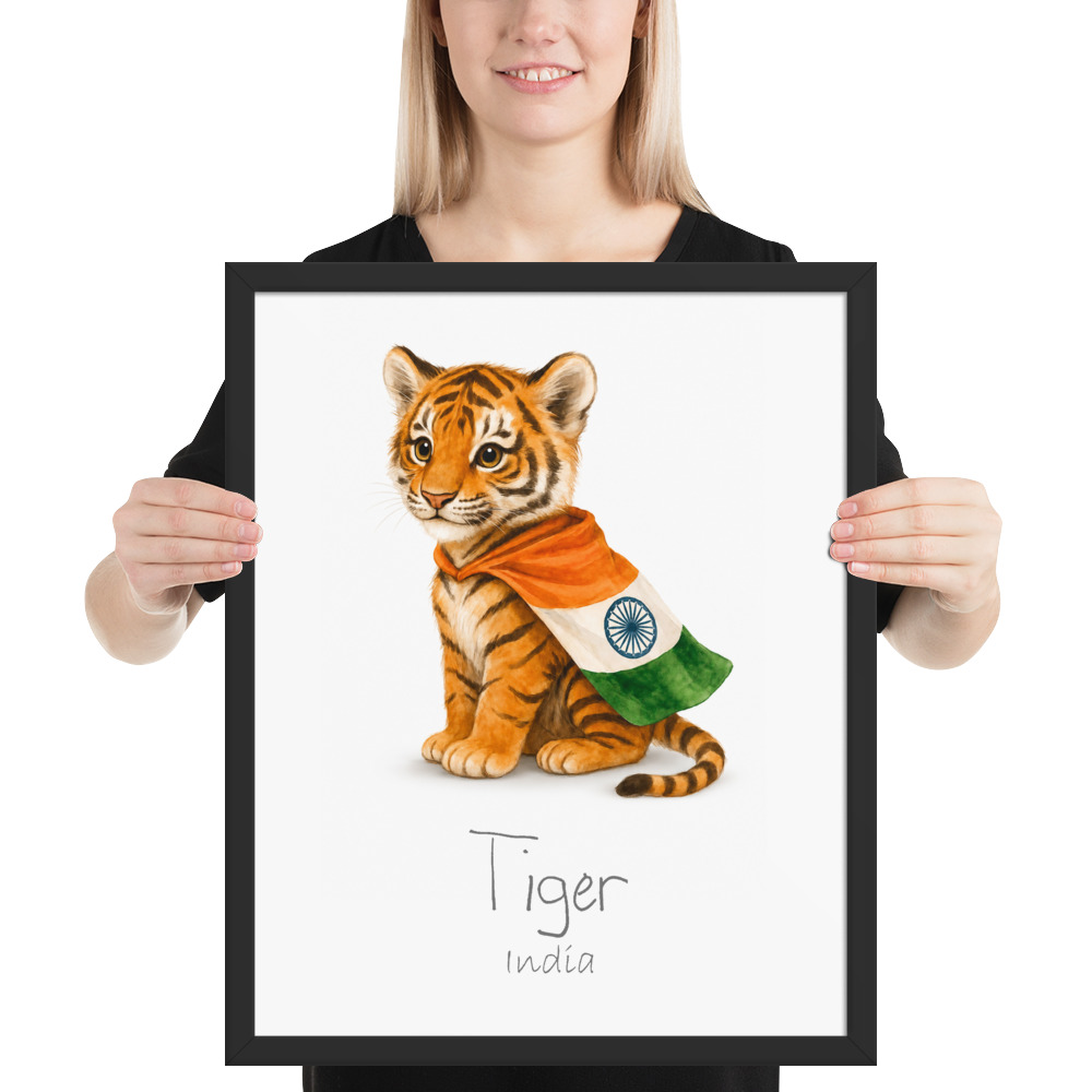 Tiger India national animal framed print, black frame 16×20