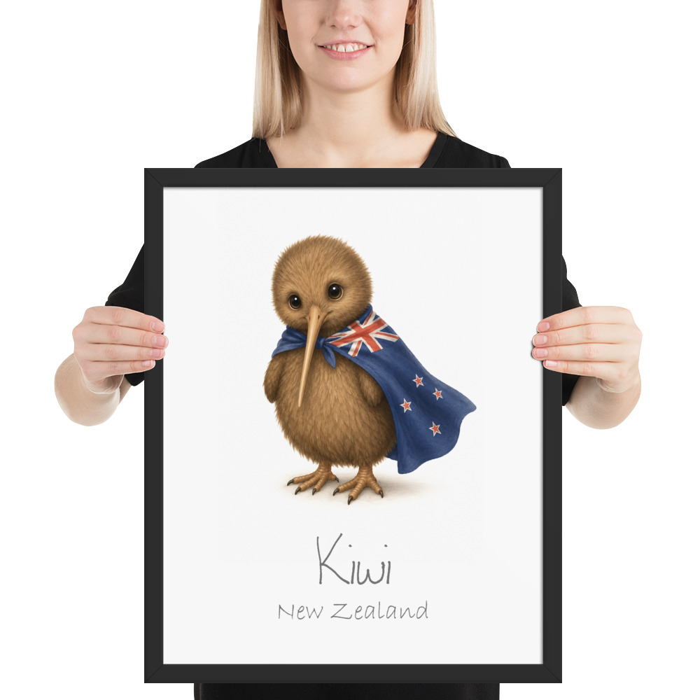 Kiwi New Zealand national animal framed print, black frame 16×20