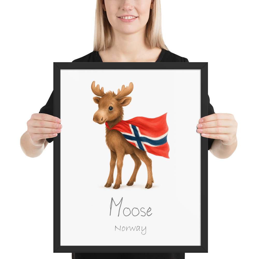 Moose Norway national animal framed print, black frame 16×20