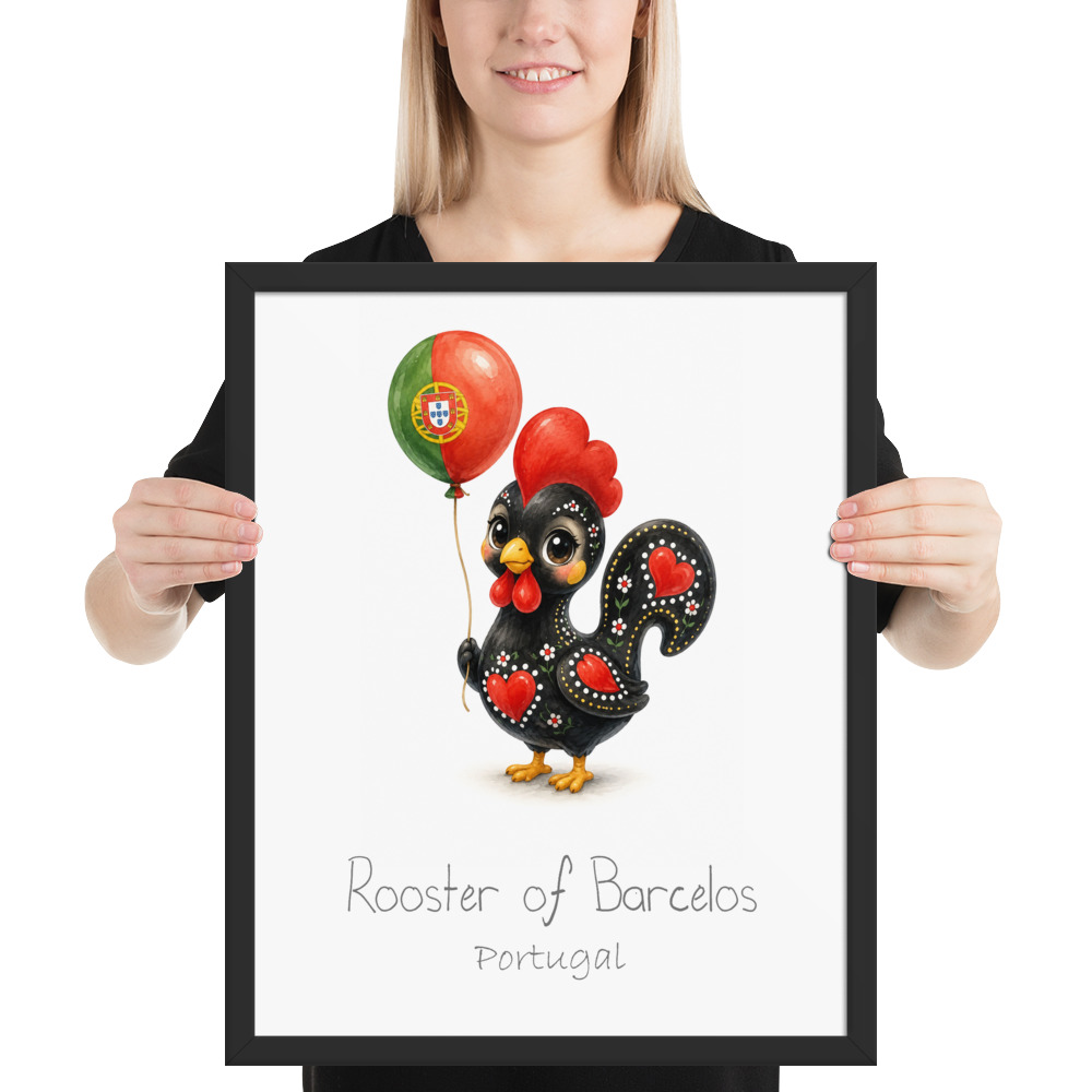 Rooster of Barcelos Portugal national animal framed print, black frame 16×20