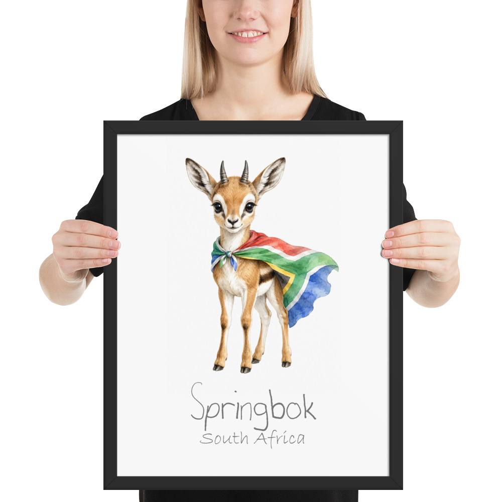 Springbok South Africa national animal framed print, black frame 16×20