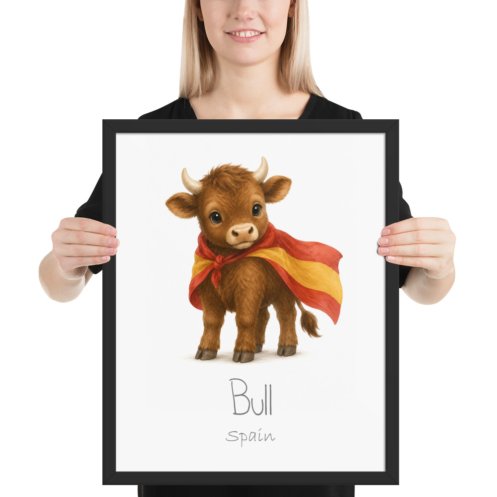 Bull Spain national animal framed print, black frame 16×20