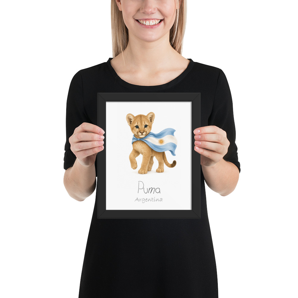 Puma Argentina national animal framed print, black frame 8×10