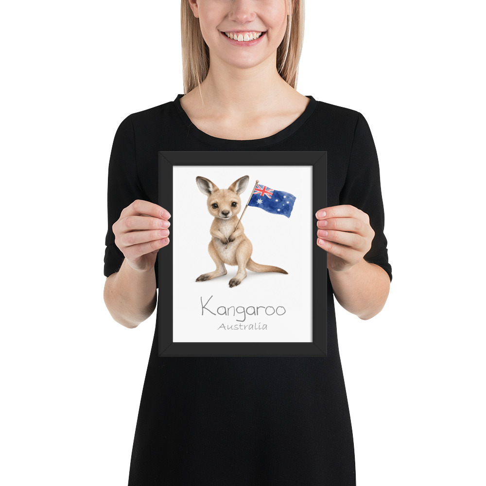 Kangaroo Australia national animal framed print, black frame 8×10