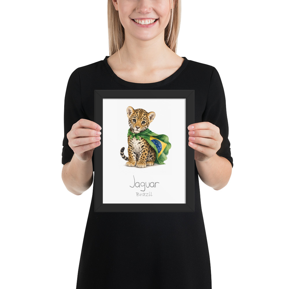 Jaguar Brazil national animal framed print, black frame 8×10