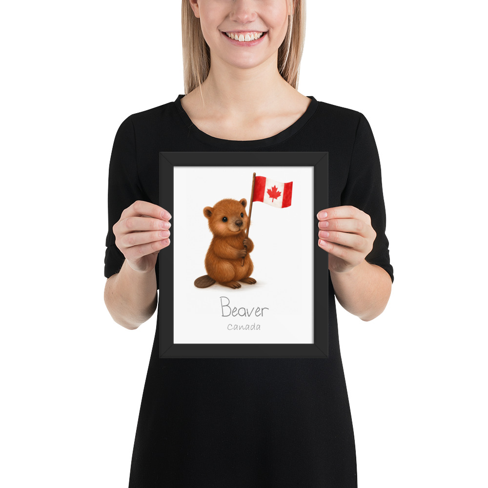 Beaver Canada national animal framed print, black frame 8×10