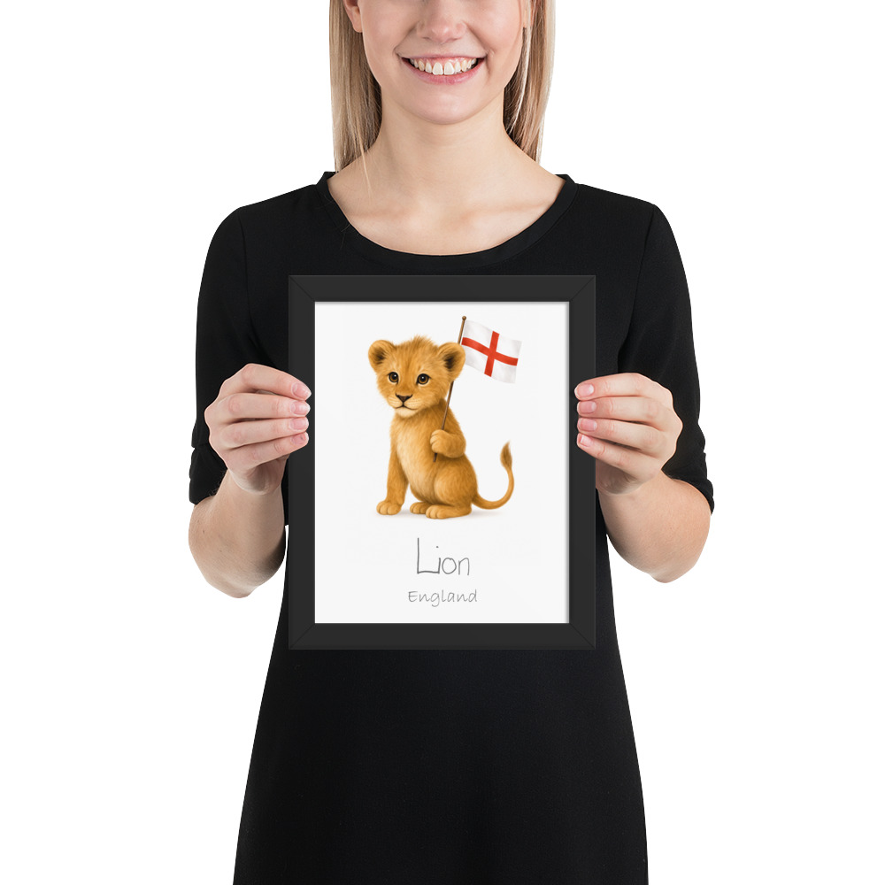 Lion England national animal framed print, black frame 8×10