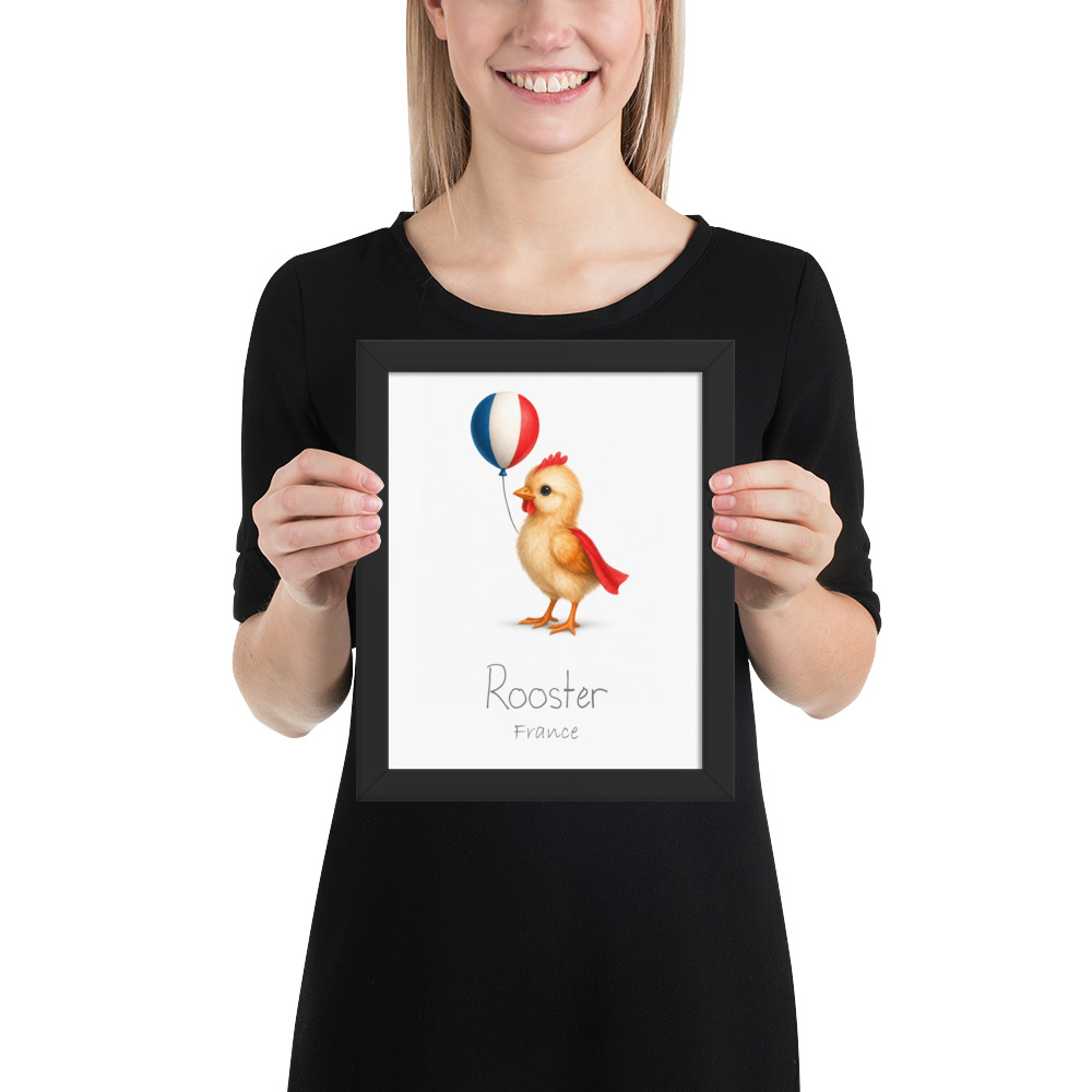 Rooster France national animal framed print, black frame 8×10