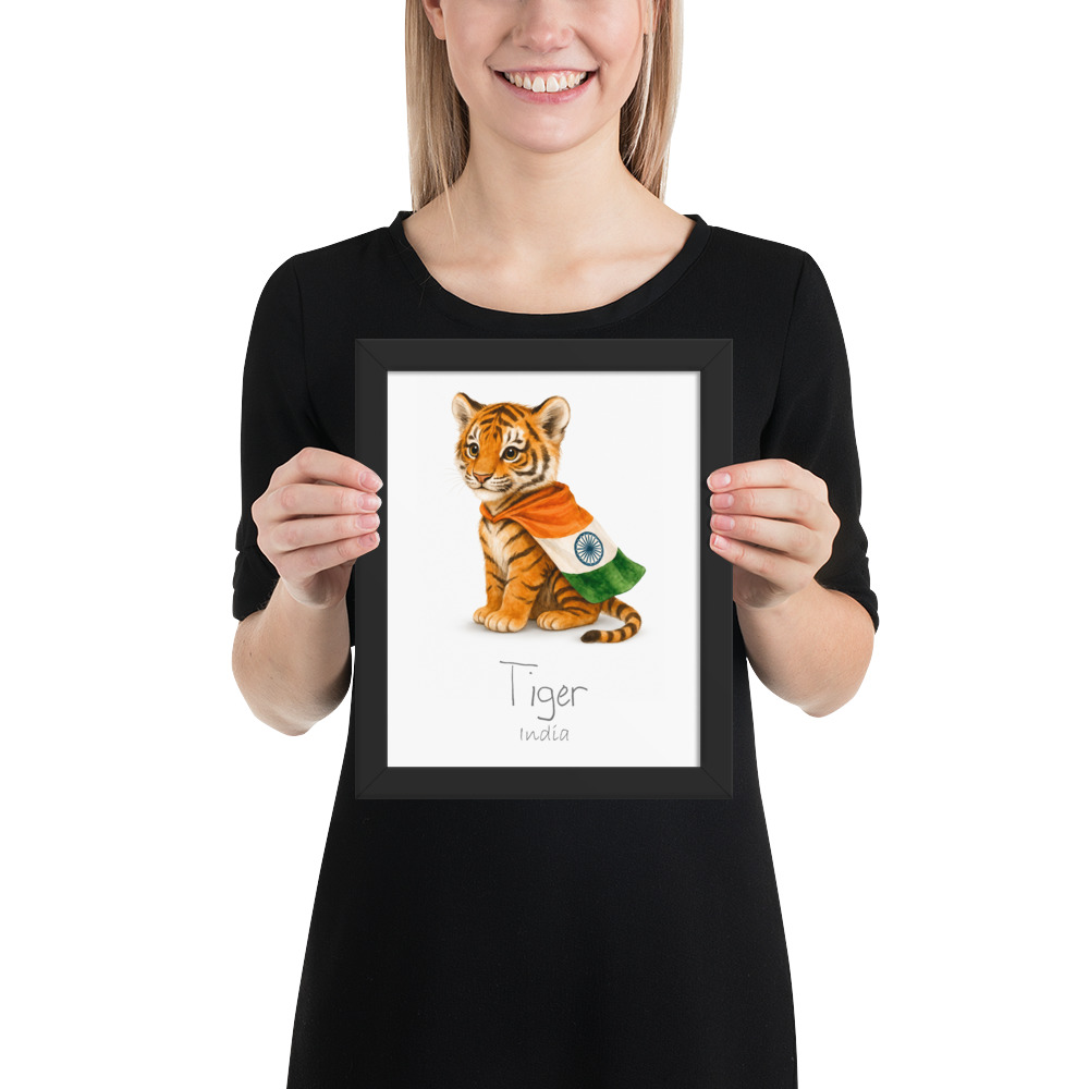 Tiger India national animal framed print, black frame 8×10