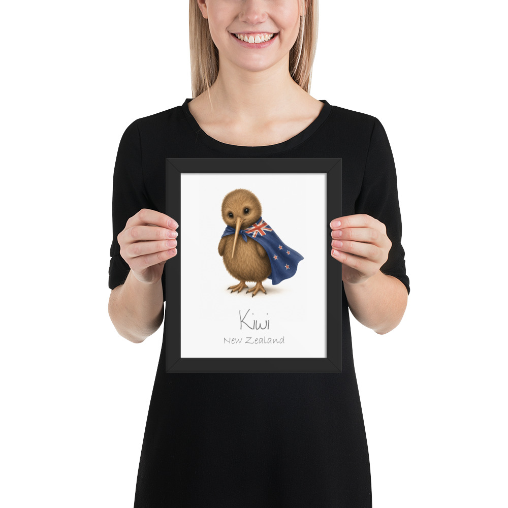 Kiwi New Zealand national animal framed print, black frame 8×10