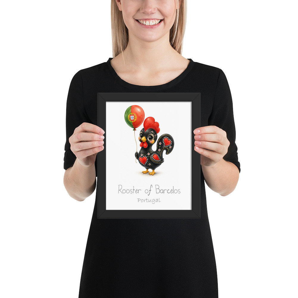 Rooster of Barcelos Portugal national animal framed print, black frame 8×10