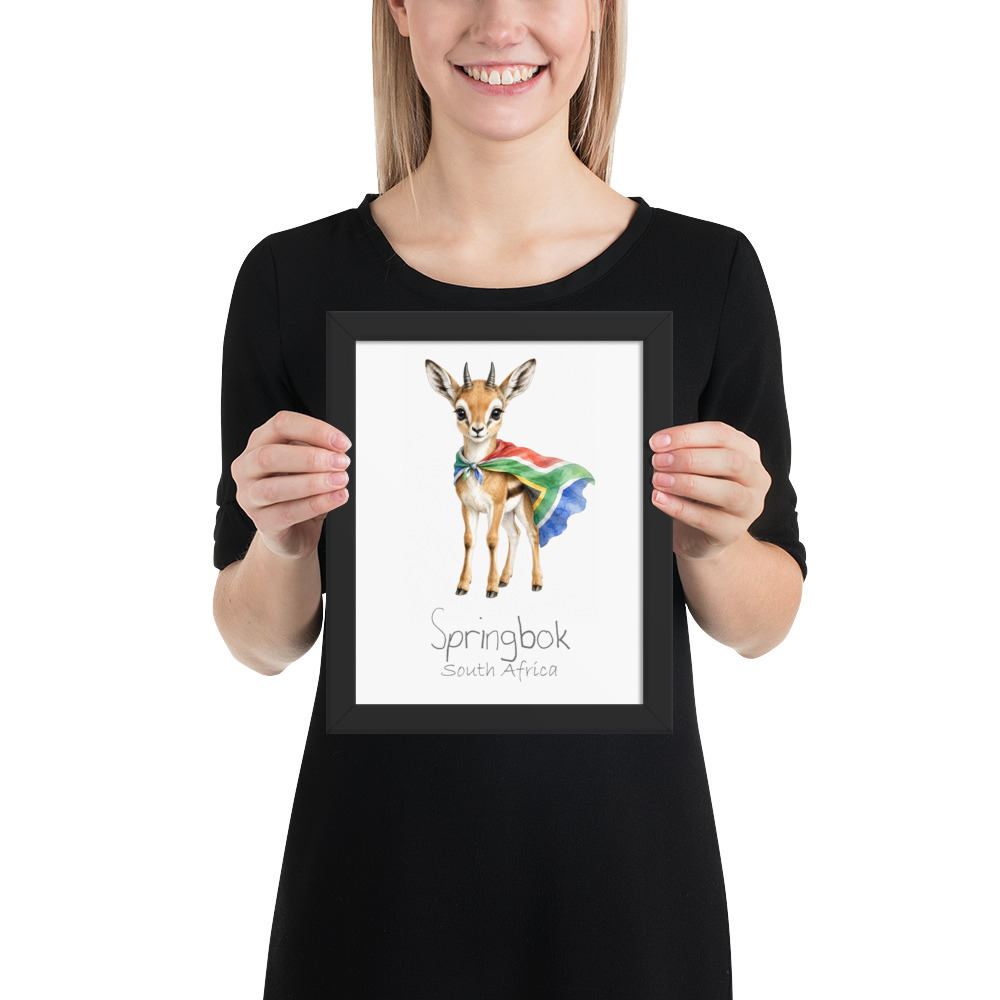 Springbok South Africa national animal framed print, black frame 8×10