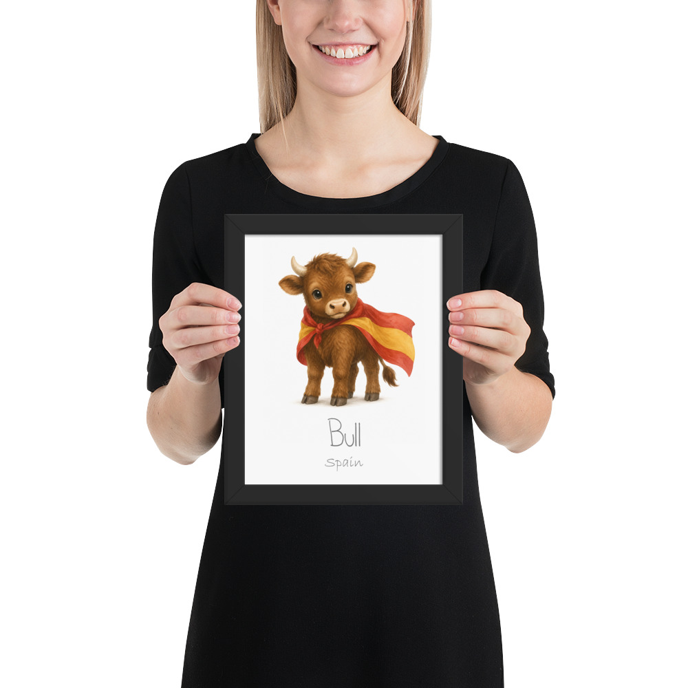 Bull Spain national animal framed print, black frame 8×10