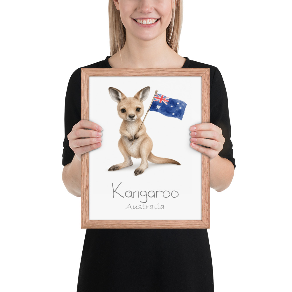 Kangaroo Australia national animal framed print, red oak frame 11×14
