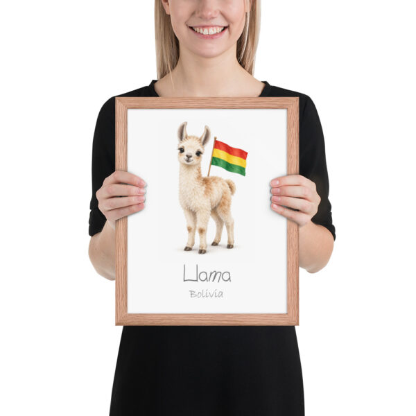 Llama Bolivia national animal framed print, red oak frame 11×14