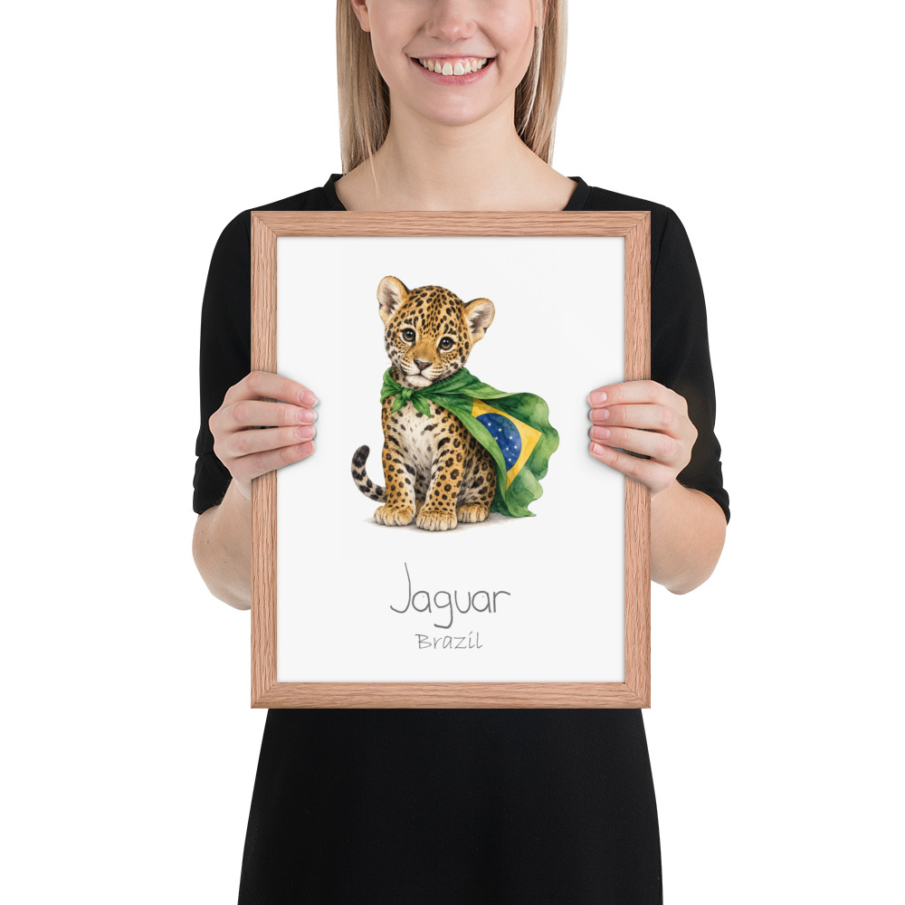 Jaguar Brazil national animal framed print, red oak frame 11×14