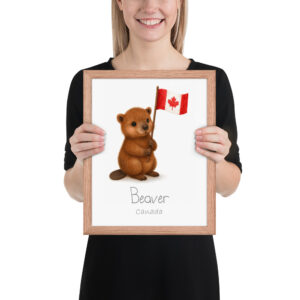 Beaver Canada national animal framed print, red oak frame 11×14