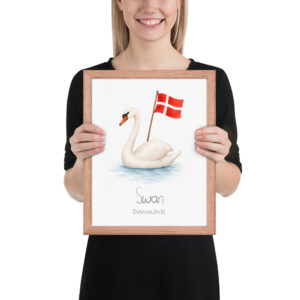 Swan Denmark national animal framed print, red oak frame 11×14