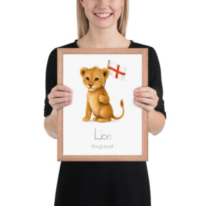 Lion England national animal framed print, red oak frame 11×14