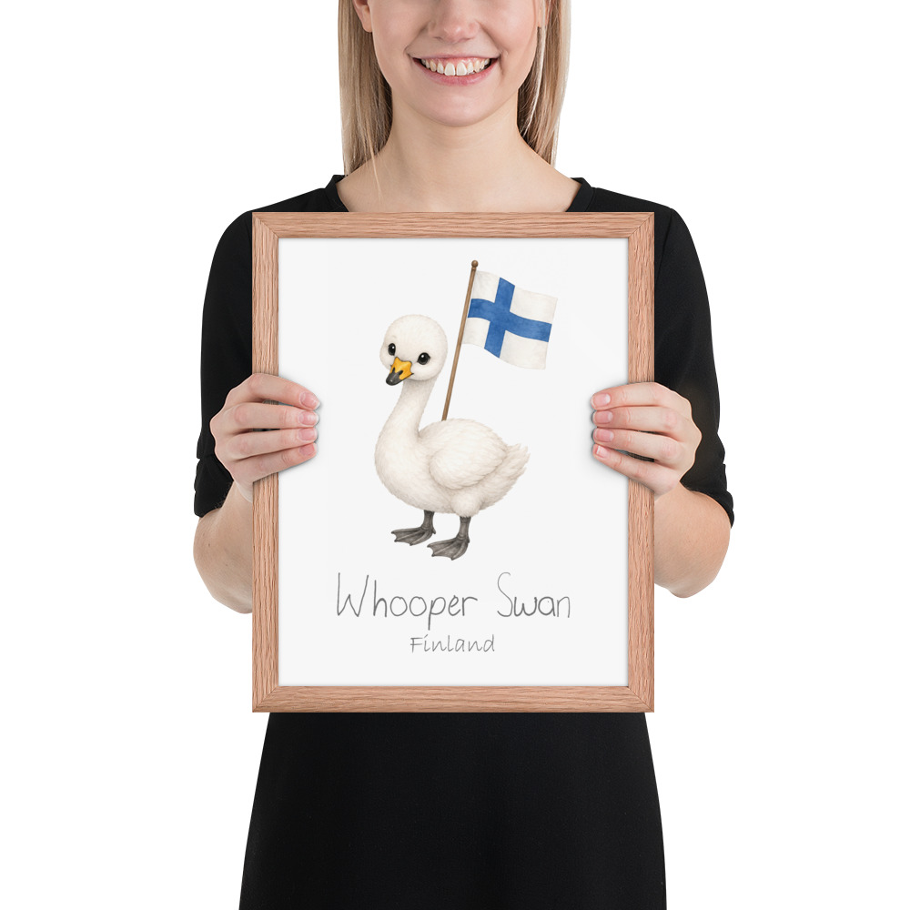Whooper Swan Finland national animal framed print, red oak frame 11×14