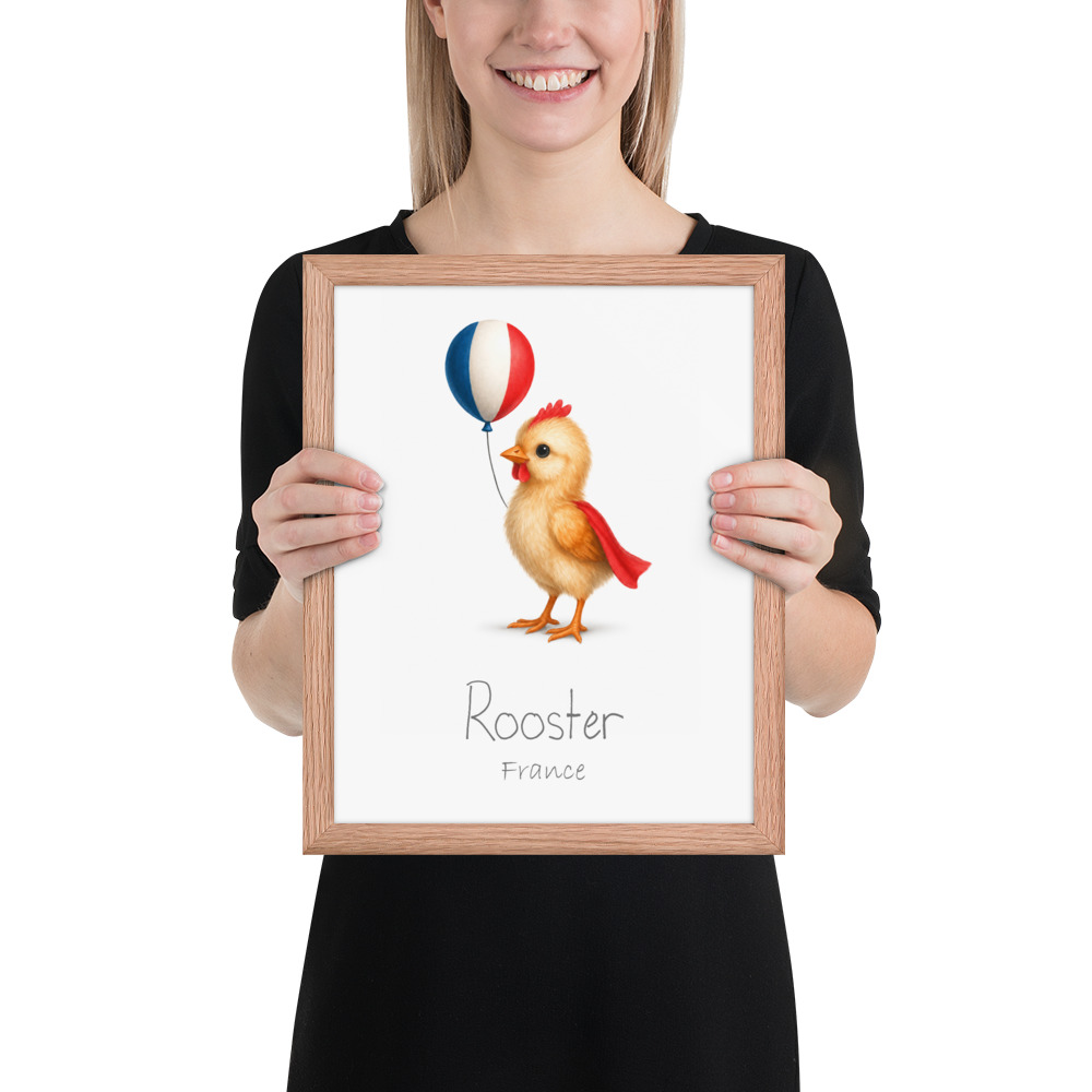 Rooster France national animal framed print, red oak frame 11×14