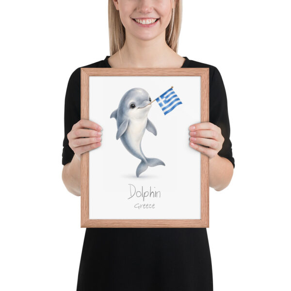 Dolphin Greece national animal framed print, red oak frame 11×14
