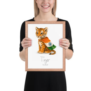 Tiger India national animal framed print, red oak frame 11×14