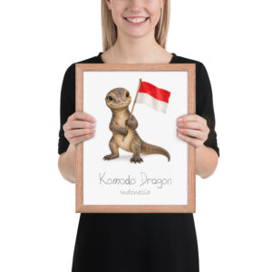 Komodo Dragon Indonesia national animal framed print, red oak frame 11×14 Komodo Dragon Indonesia national animal framed print, red oak frame 11×14