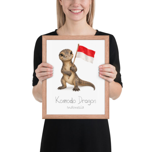 Komodo Dragon Indonesia national animal framed print, red oak frame 11×14