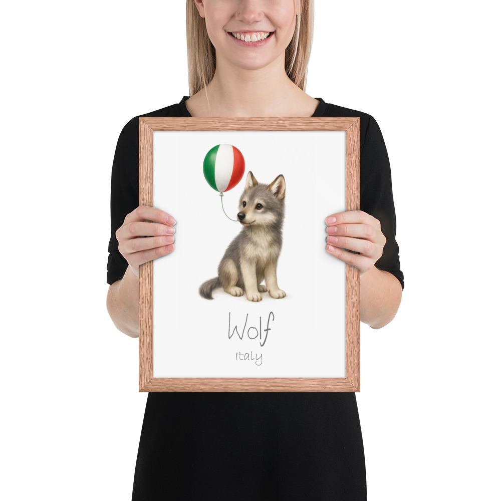 Wolf Italy national animal framed print, red oak frame 11×14